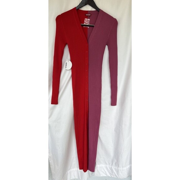 STAUD Shoko Colorblock Lurex Ribbed Long Sleeve Sweater Dress Medium Lava Peony - Picture 5 of 10